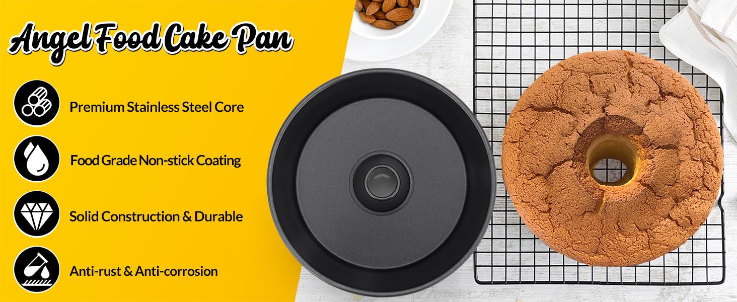 E-far Angel Food Cake Pan, 10-Inch Non-stick Tube Pan for Baking Pound Chiffon Cake, One-piece Design, Easy Release & Clean