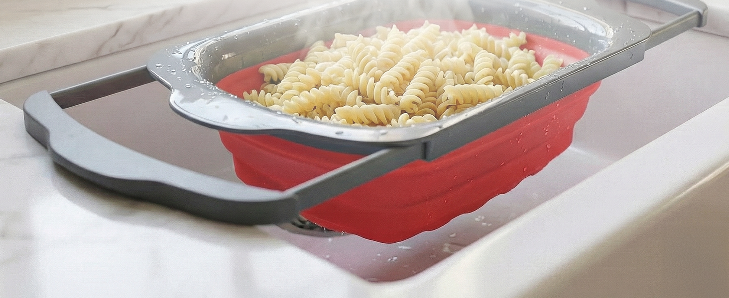 Comfify XL Large Kitchen Strainer - Collapsible Silicone Over-The-Sink Colander with Extendable Handles - Use with Pasta, Fruit, Berries & Veggie - 6 Quart - Gray
