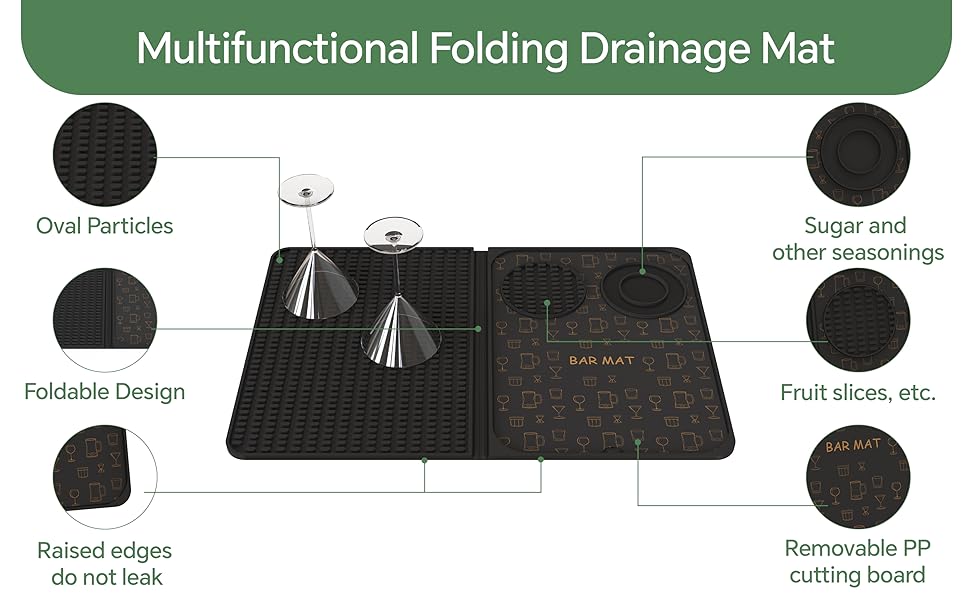 Bar Mat, Bar Accessories, Multifunctional Folding Cocktail Mat with Cutting Board, 18