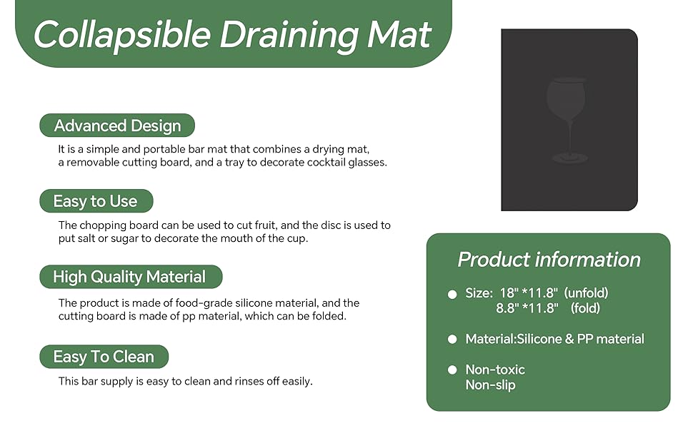 Bar Mat, Bar Accessories, Multifunctional Folding Cocktail Mat with Cutting Board, 18