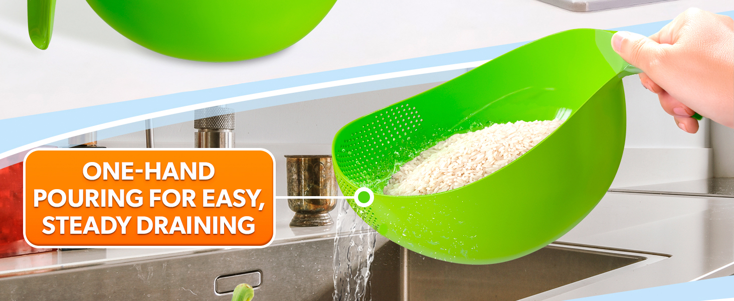 Rice Strainer with Handle - Lightweight Rice Washer Strainer Bowl with Smart Design for Easy Water Draining, Easy to Use & Clean ABS Plastic Colander with Handle for Cereals, Pasta, Vegetables, Fruits