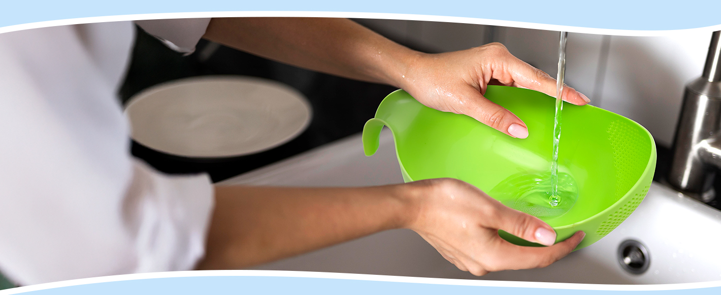 Rice Strainer with Handle - Lightweight Rice Washer Strainer Bowl with Smart Design for Easy Water Draining, Easy to Use & Clean ABS Plastic Colander with Handle for Cereals, Pasta, Vegetables, Fruits