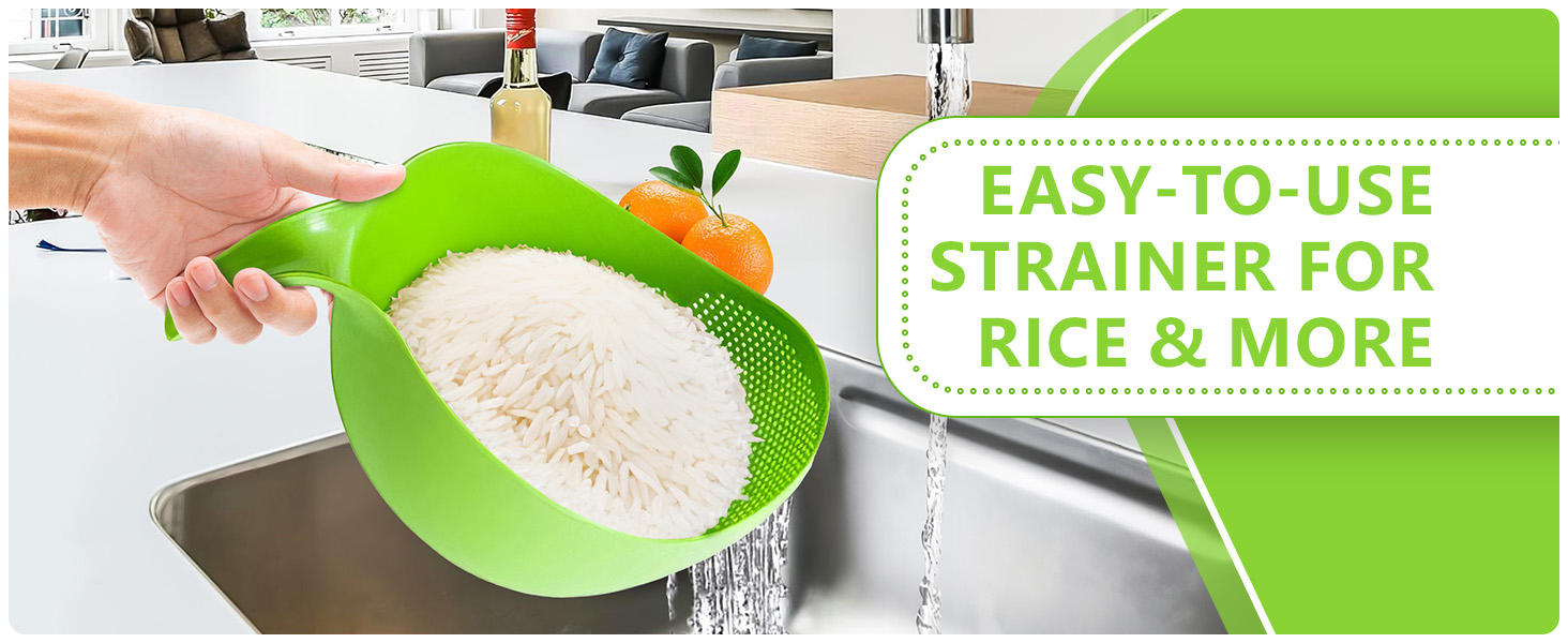 Rice Strainer with Handle - Lightweight Rice Washer Strainer Bowl with Smart Design for Easy Water Draining, Easy to Use & Clean ABS Plastic Colander with Handle for Cereals, Pasta, Vegetables, Fruits