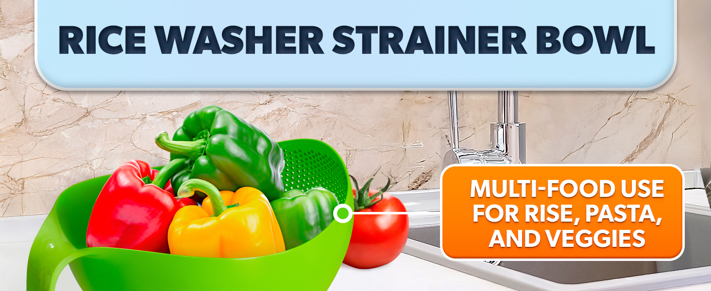 Rice Strainer with Handle - Lightweight Rice Washer Strainer Bowl with Smart Design for Easy Water Draining, Easy to Use & Clean ABS Plastic Colander with Handle for Cereals, Pasta, Vegetables, Fruits
