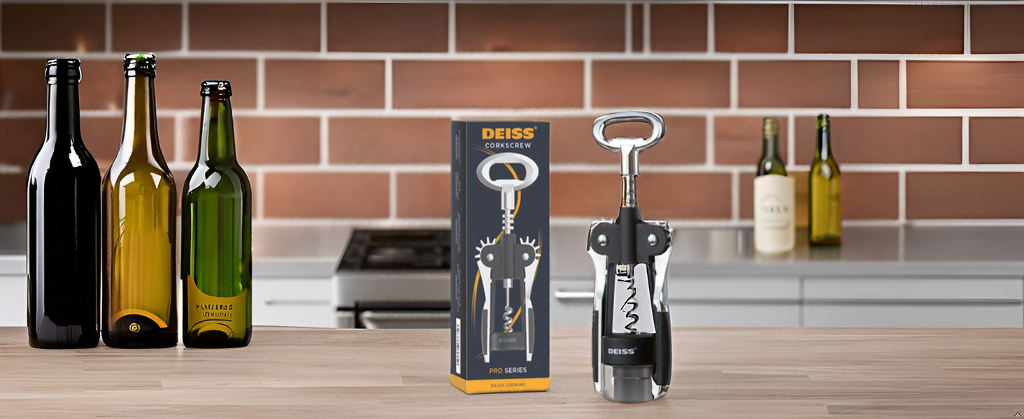 Deiss PRO Wing Corkscrew Wine Opener - 2 in 1 Wine Corkscrew and Beer Opener - The Easiest Way to Open Wine Bottle Corks - Reliable and Sturdy Wine Opener - Wine Bottle Opener