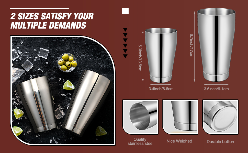 Lallisa 10 Pieces Cocktail Shakers Professional Bar Boston Shaker Set Stainless Steel Martini Shaker Drink Mixer Basic Tools Weighted Shake Metal Can for Bartenders, 18 Oz, 28 oz(Silver)