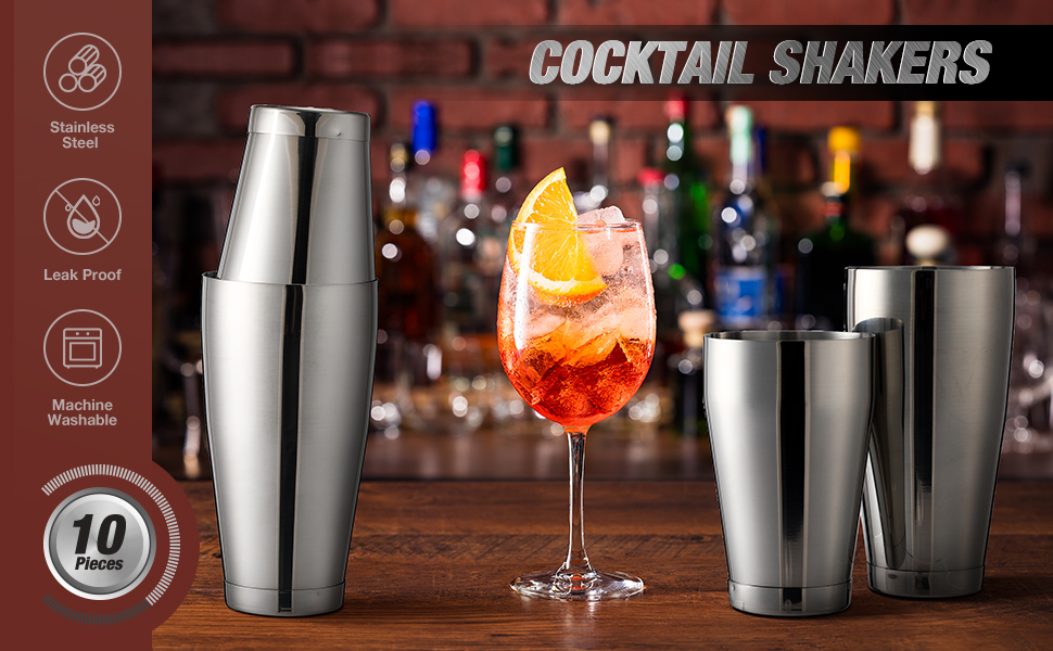 Lallisa 10 Pieces Cocktail Shakers Professional Bar Boston Shaker Set Stainless Steel Martini Shaker Drink Mixer Basic Tools Weighted Shake Metal Can for Bartenders, 18 Oz, 28 oz(Silver)