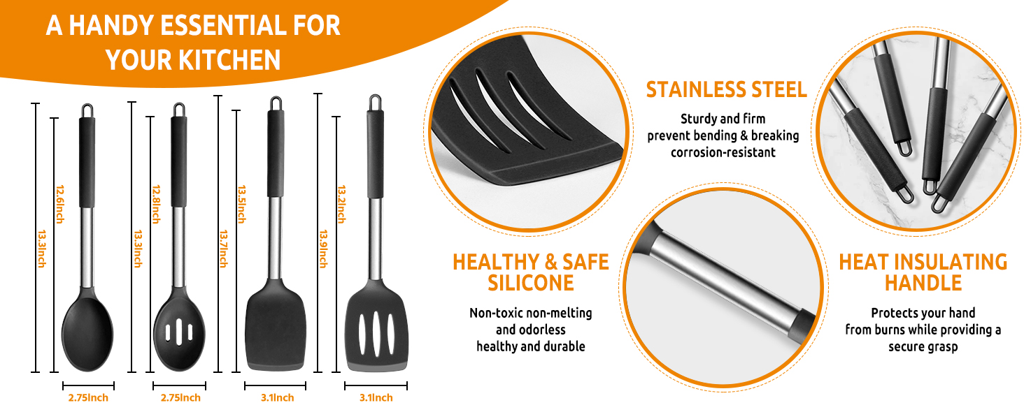 E-far Cooking Utensils Set of 4, Silicone Kitchen Utensils for Non-stick Cookware, Heat Resistant & Non-toxic Slotted Spatula Solid Spoon Turner for Flipping Mixing Serving Basting(Black)