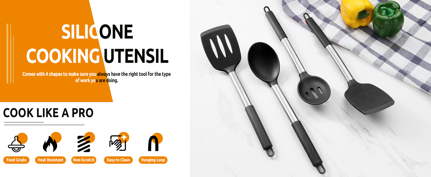 E-far Cooking Utensils Set of 4, Silicone Kitchen Utensils for Non-stick Cookware, Heat Resistant & Non-toxic Slotted Spatula Solid Spoon Turner for Flipping Mixing Serving Basting(Black)