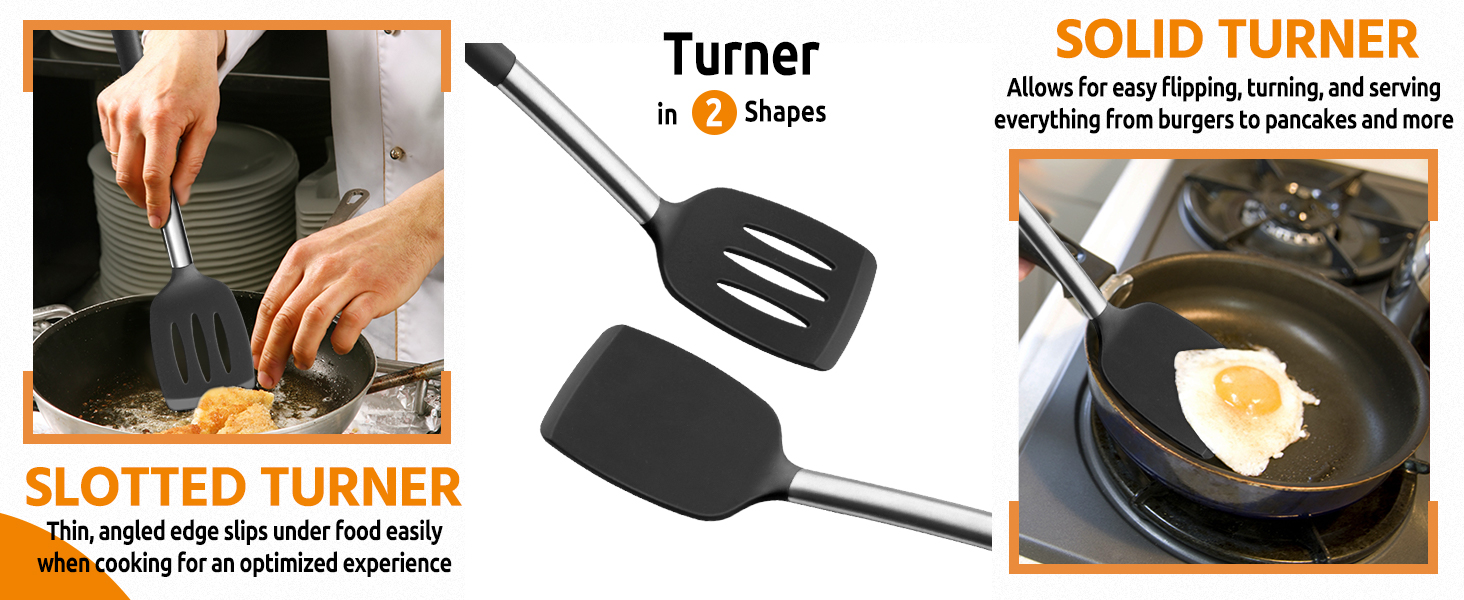 E-far Cooking Utensils Set of 4, Silicone Kitchen Utensils for Non-stick Cookware, Heat Resistant & Non-toxic Slotted Spatula Solid Spoon Turner for Flipping Mixing Serving Basting(Black)