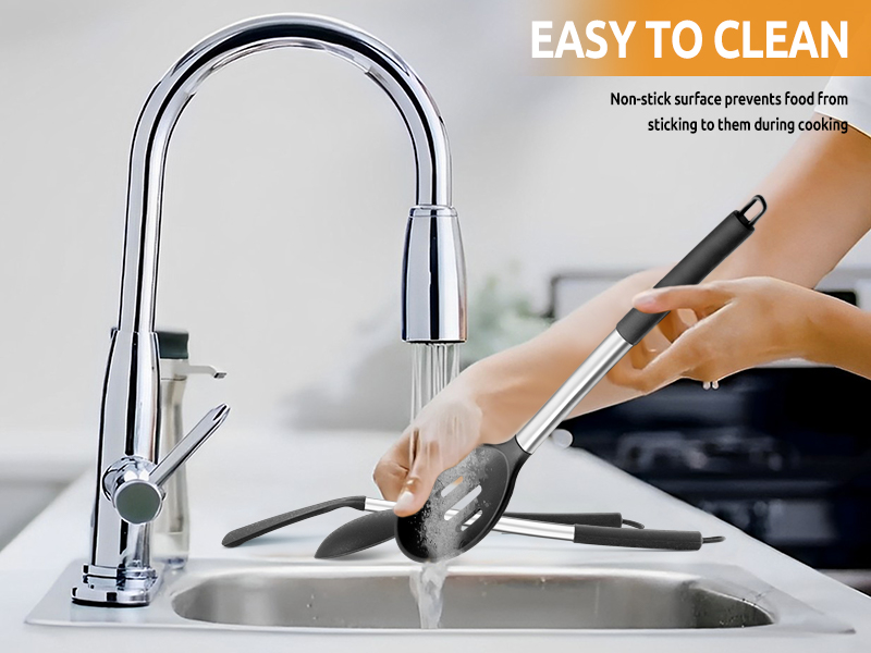 E-far Cooking Utensils Set of 4, Silicone Kitchen Utensils for Non-stick Cookware, Heat Resistant & Non-toxic Slotted Spatula Solid Spoon Turner for Flipping Mixing Serving Basting(Black)