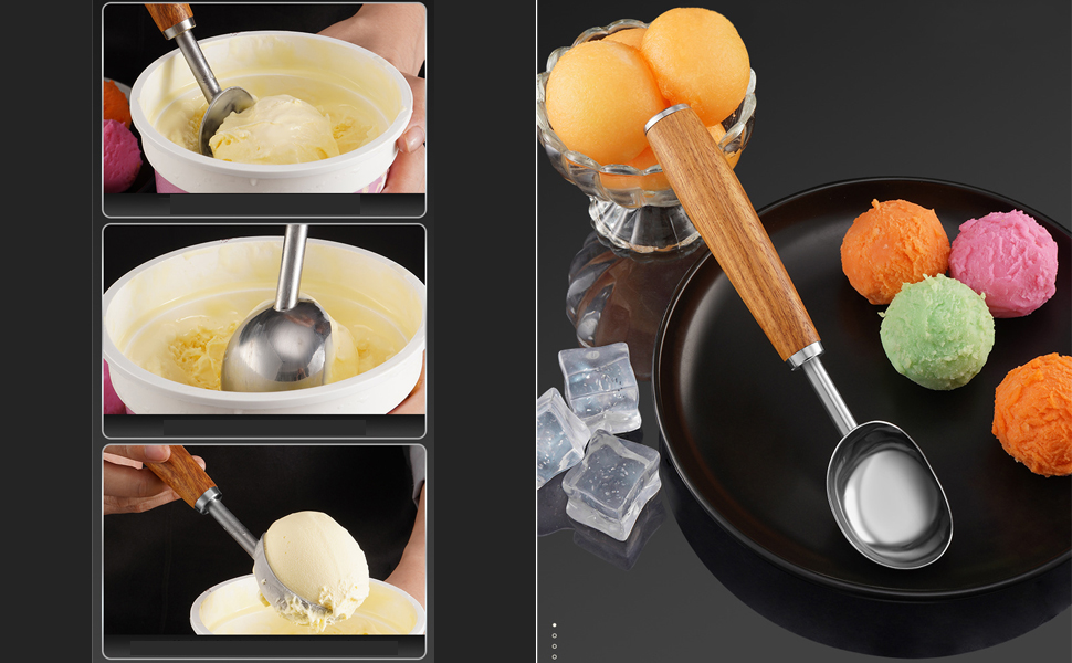 Small Cylindrical Ice Cream Scoop Stainless Steel with Wood Handle, Metal Ice Scoop for Freezer