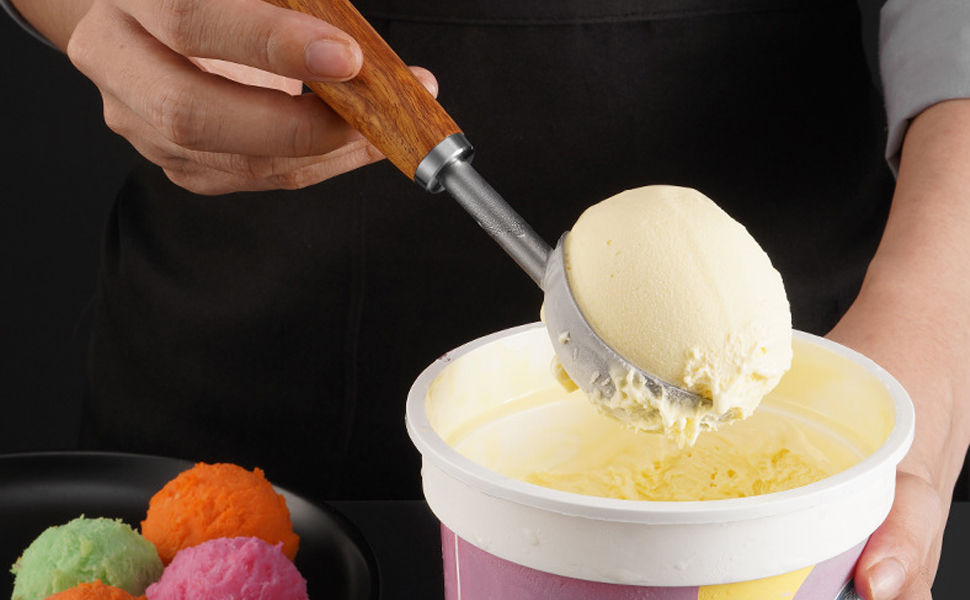 Small Cylindrical Ice Cream Scoop Stainless Steel with Wood Handle, Metal Ice Scoop for Freezer