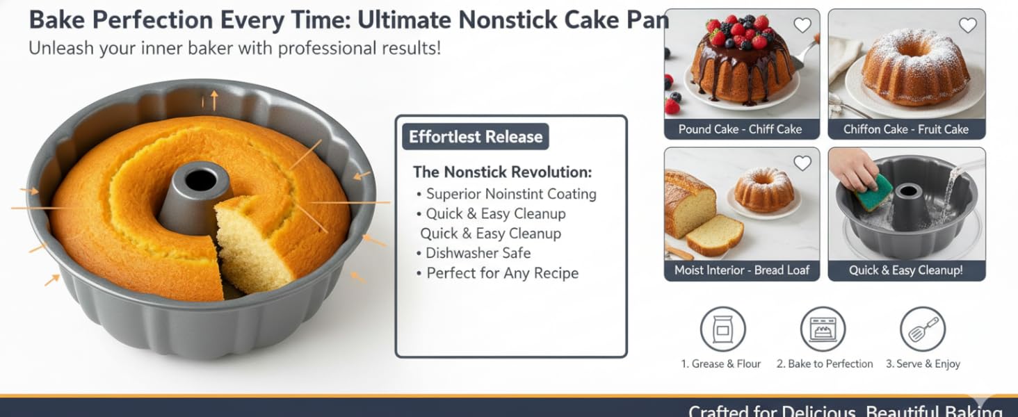 10-Inch Nonstick Cake Pan, Fluted Tube Pan for Pound Cakes, Muffins, Angel Food Cake, Coffee Cake, and More – Easy Release, Dishwasher Safe, Oven Safe, Heavy Duty