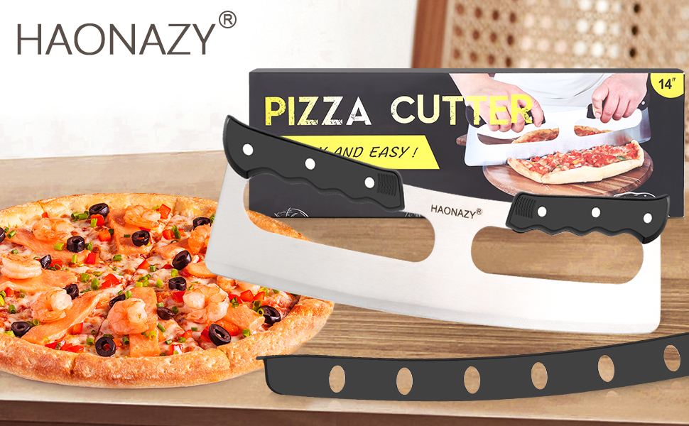 Sharp Pizza Cutter Rocker 14 inch with Double Handles and Protective Cover, Good for Kitchen Dining Room