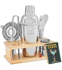 Modern Mixology Cocktail Shaker Set - 8 Piece Bartender Kit on Quality Pine Stand | Complete Cocktail Kit Gift Set | Top Bartender Gifts for Men | Leak Proof Design (Gold)