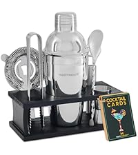 Modern Mixology Cocktail Shaker Set - 8 Piece Bartender Kit on Quality Pine Stand | Complete Cocktail Kit Gift Set | Top Bartender Gifts for Men | Leak Proof Design (Gold)
