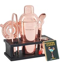 Modern Mixology Cocktail Shaker Set - 8 Piece Bartender Kit on Quality Pine Stand | Complete Cocktail Kit Gift Set | Top Bartender Gifts for Men | Leak Proof Design (Gold)