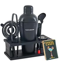 Modern Mixology Cocktail Shaker Set - 8 Piece Bartender Kit on Quality Pine Stand | Complete Cocktail Kit Gift Set | Top Bartender Gifts for Men | Leak Proof Design (Gold)