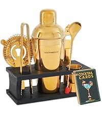 Modern Mixology Cocktail Shaker Set - 8 Piece Bartender Kit on Quality Pine Stand | Complete Cocktail Kit Gift Set | Top Bartender Gifts for Men | Leak Proof Design (Gold)