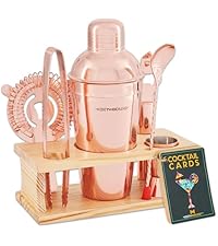 Modern Mixology Cocktail Shaker Set - 8 Piece Bartender Kit on Quality Pine Stand | Complete Cocktail Kit Gift Set | Top Bartender Gifts for Men | Leak Proof Design (Gold)