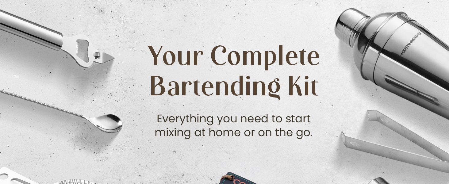 Modern Mixology Cocktail Shaker Set - 8 Piece Bartender Kit on Quality Pine Stand | Complete Cocktail Kit Gift Set | Top Bartender Gifts for Men | Leak Proof Design (Gold)