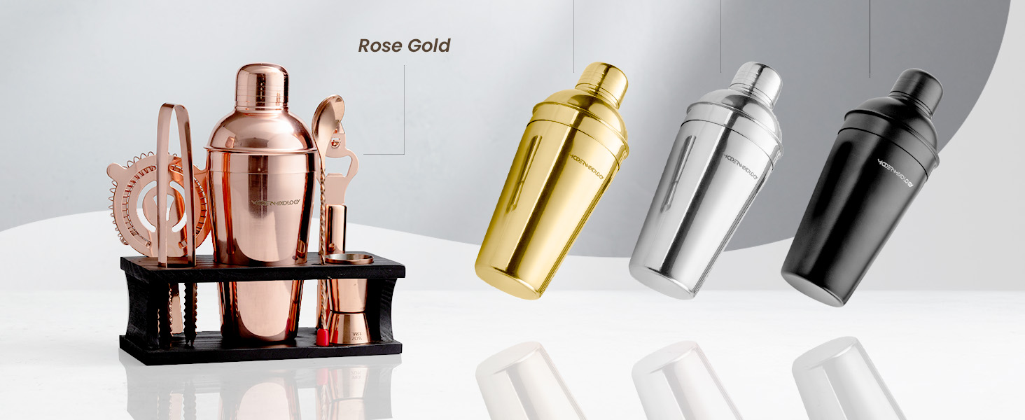 Modern Mixology Cocktail Shaker Set - 8 Piece Bartender Kit on Quality Pine Stand | Complete Cocktail Kit Gift Set | Top Bartender Gifts for Men | Leak Proof Design (Gold)