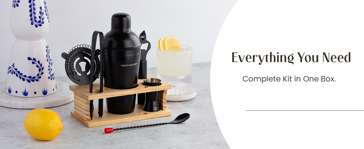 Modern Mixology Cocktail Shaker Set - 8 Piece Bartender Kit on Quality Pine Stand | Complete Cocktail Kit Gift Set | Top Bartender Gifts for Men | Leak Proof Design (Gold)