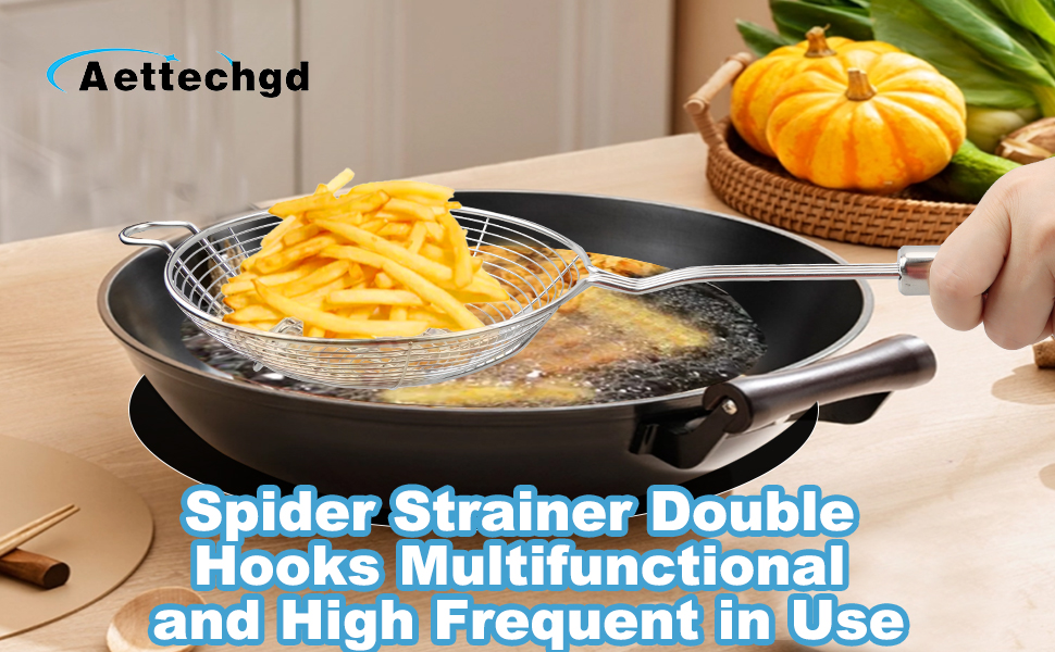 Steel Spider Strainer Skimmer Ladle, Strainer Spider Skimmers for Kitchen Cooking and Frying, Premium Strainer Spoon Diameter: 5.4Inch, Total Length: 15.4Inch