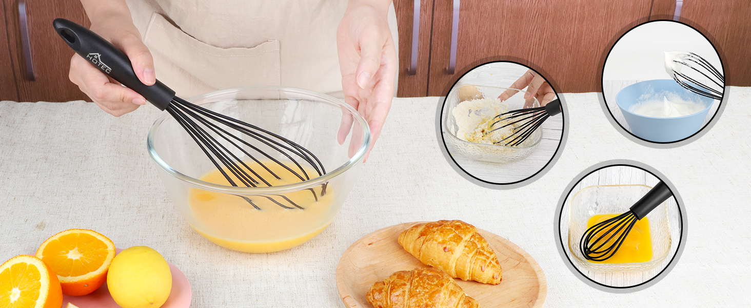 HOTEC 4 Pieces Silicone Whisks Set, Wire Balloon Whisks Egg Beater, Non-slip Handle Whisk for Non-stick Cookware Perfect for Cooking, Stirring, Beating and Blending (Black)
