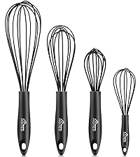 HOTEC 4 Pieces Silicone Whisks Set, Wire Balloon Whisks Egg Beater, Non-slip Handle Whisk for Non-stick Cookware Perfect for Cooking, Stirring, Beating and Blending (Black)