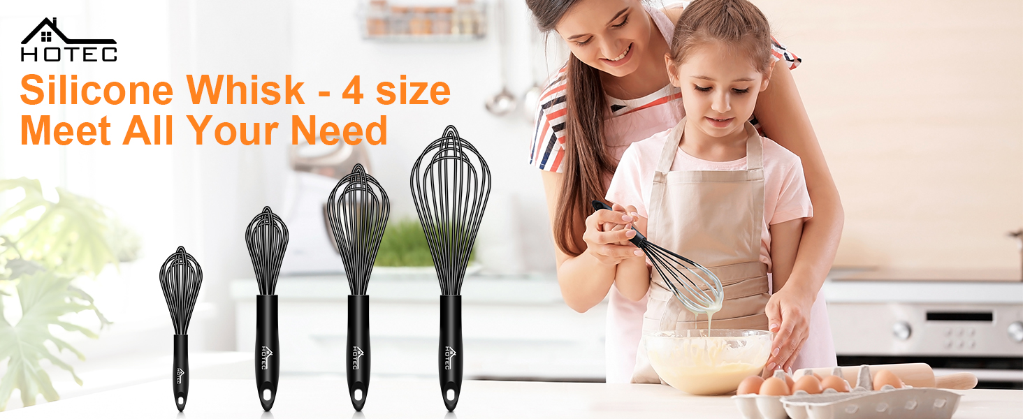 HOTEC 4 Pieces Silicone Whisks Set, Wire Balloon Whisks Egg Beater, Non-slip Handle Whisk for Non-stick Cookware Perfect for Cooking, Stirring, Beating and Blending (Black)