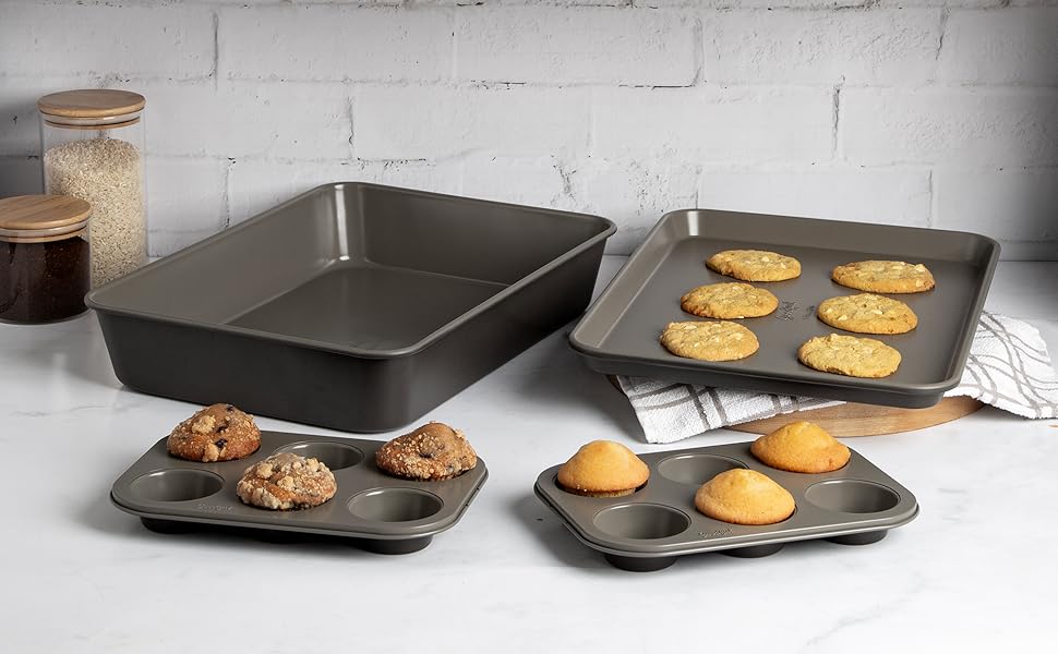 Goodful All-In-One Nonstick Bakeware Set, Stackable and Space Saving Design includes Round and Square Pans, Muffin Pans, Cookie Sheet and Roaster, Dishwasher Safe, 8-Piece, Linen
