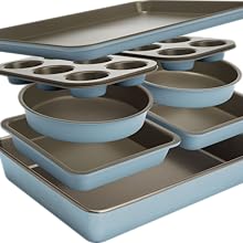 Goodful All-In-One Nonstick Bakeware Set, Stackable and Space Saving Design includes Round and Square Pans, Muffin Pans, Cookie Sheet and Roaster, Dishwasher Safe, 8-Piece, Linen