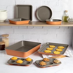 Goodful All-In-One Nonstick Bakeware Set, Stackable and Space Saving Design includes Round and Square Pans, Muffin Pans, Cookie Sheet and Roaster, Dishwasher Safe, 8-Piece, Linen
