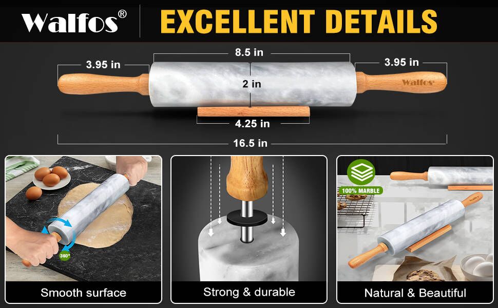 Walfos Marble Rolling Pin With Wooden Handles & Wood Cradle, 16.5 Inch Marble Rolling Pins For Making Pizza Dough And Tortillas, Dough Roller For Pie Crust, Cookie, Pasta (Gray & White)