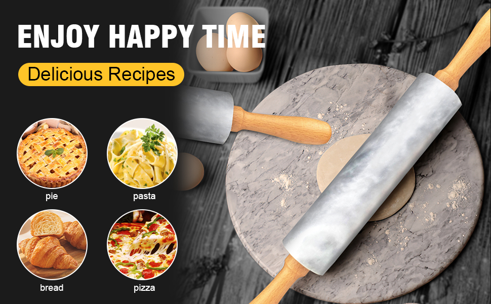 Walfos Marble Rolling Pin With Wooden Handles & Wood Cradle, 16.5 Inch Marble Rolling Pins For Making Pizza Dough And Tortillas, Dough Roller For Pie Crust, Cookie, Pasta (Gray & White)