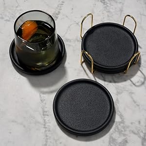 Viski Earthenware Coasters Set of 4 - Ceramic Drink Coasters - Outdoor Coasters for Drinks - Unique Coasters with Gold Stand Black