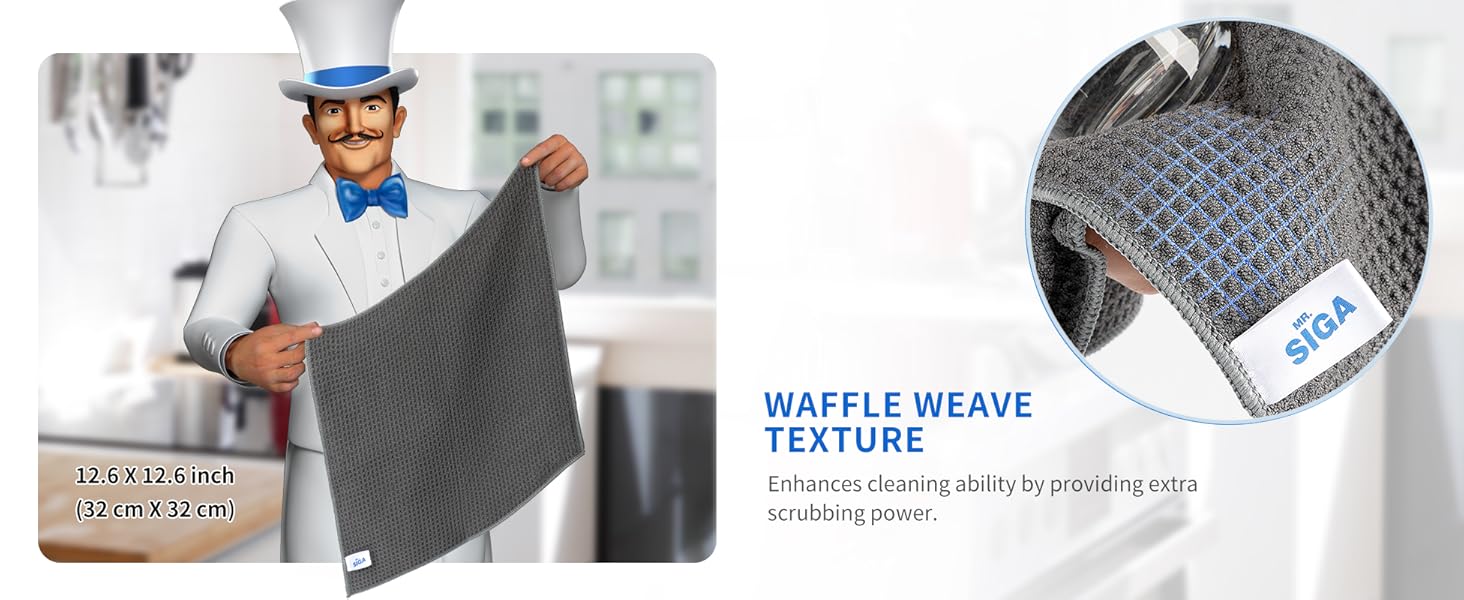 MR.SIGA Waffle Pattern Cleaning Cloths, Reusable Absorbent Microfiber Cleaning Cloths, Lint Free Microfiber Kitchen Towels, 6 Pack, Gray, 12.6 x 12.6 inch