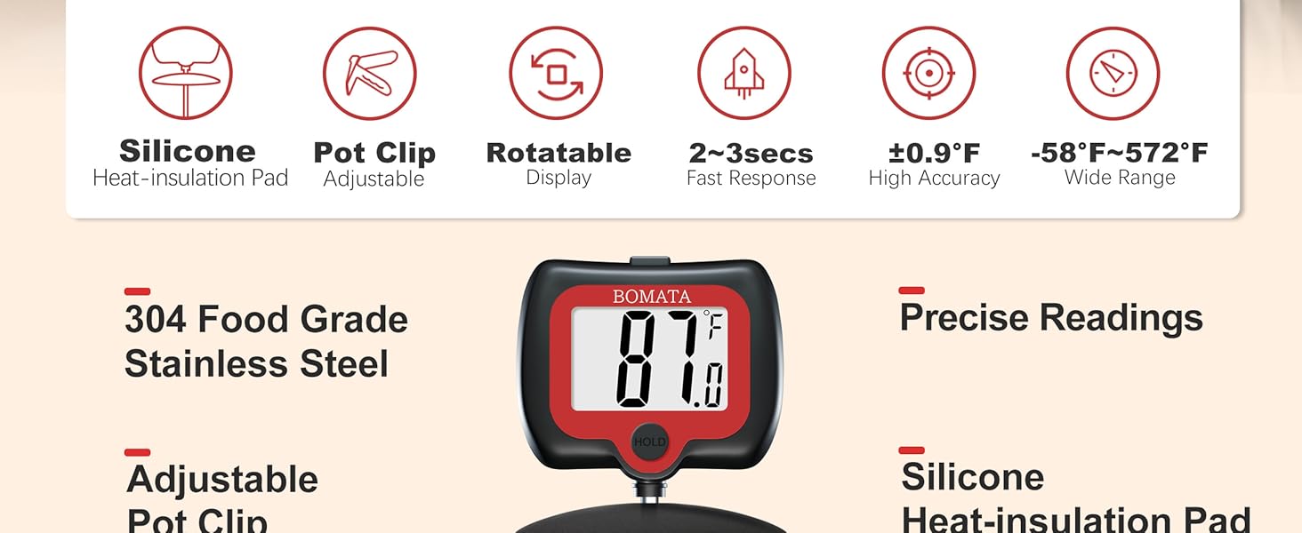 BOMATA Digital Candy Thermometer with Pot Clip, Deep Fry Oil Thermometer with Rotatable Display & Long Probe, for Candy Candle Making, Cooking, Food, Liquids, Water, Sugar.. Black