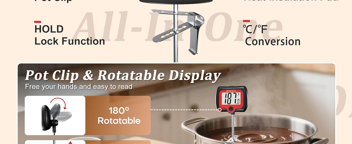 BOMATA Digital Candy Thermometer with Pot Clip, Deep Fry Oil Thermometer with Rotatable Display & Long Probe, for Candy Candle Making, Cooking, Food, Liquids, Water, Sugar.. Black