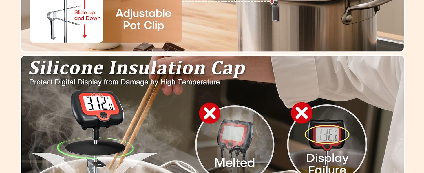 BOMATA Digital Candy Thermometer with Pot Clip, Deep Fry Oil Thermometer with Rotatable Display & Long Probe, for Candy Candle Making, Cooking, Food, Liquids, Water, Sugar.. Black