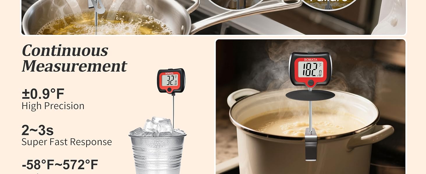 BOMATA Digital Candy Thermometer with Pot Clip, Deep Fry Oil Thermometer with Rotatable Display & Long Probe, for Candy Candle Making, Cooking, Food, Liquids, Water, Sugar.. Black
