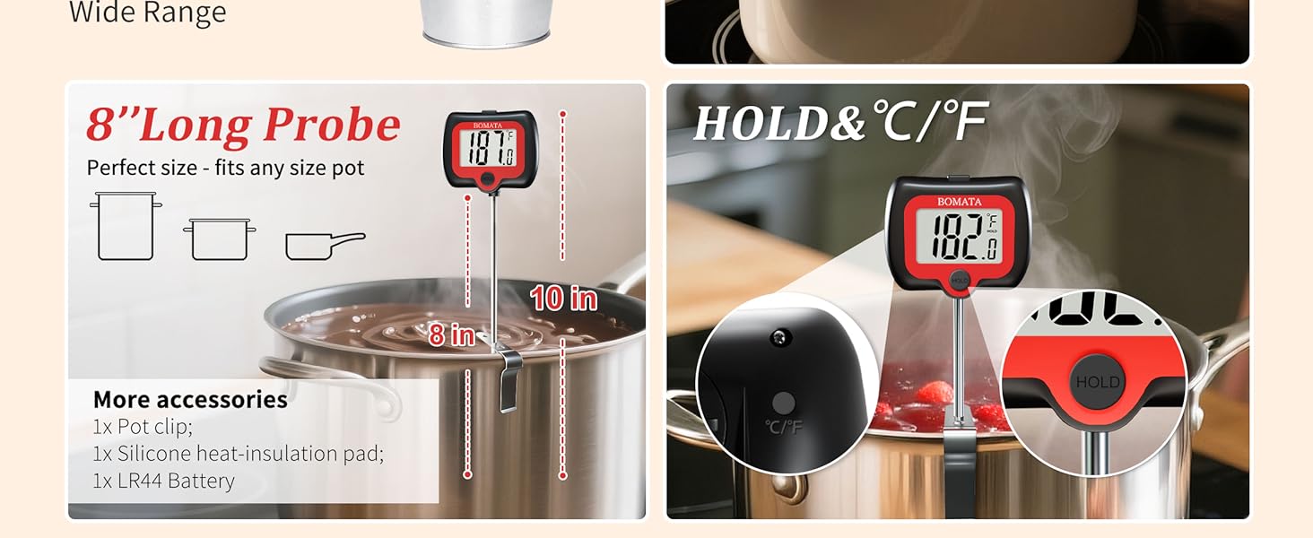 BOMATA Digital Candy Thermometer with Pot Clip, Deep Fry Oil Thermometer with Rotatable Display & Long Probe, for Candy Candle Making, Cooking, Food, Liquids, Water, Sugar.. Black