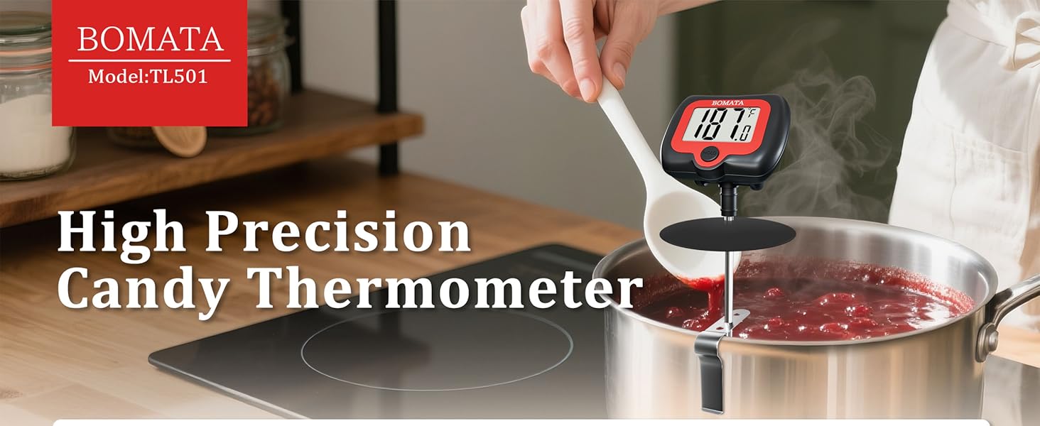 BOMATA Digital Candy Thermometer with Pot Clip, Deep Fry Oil Thermometer with Rotatable Display & Long Probe, for Candy Candle Making, Cooking, Food, Liquids, Water, Sugar.. Black