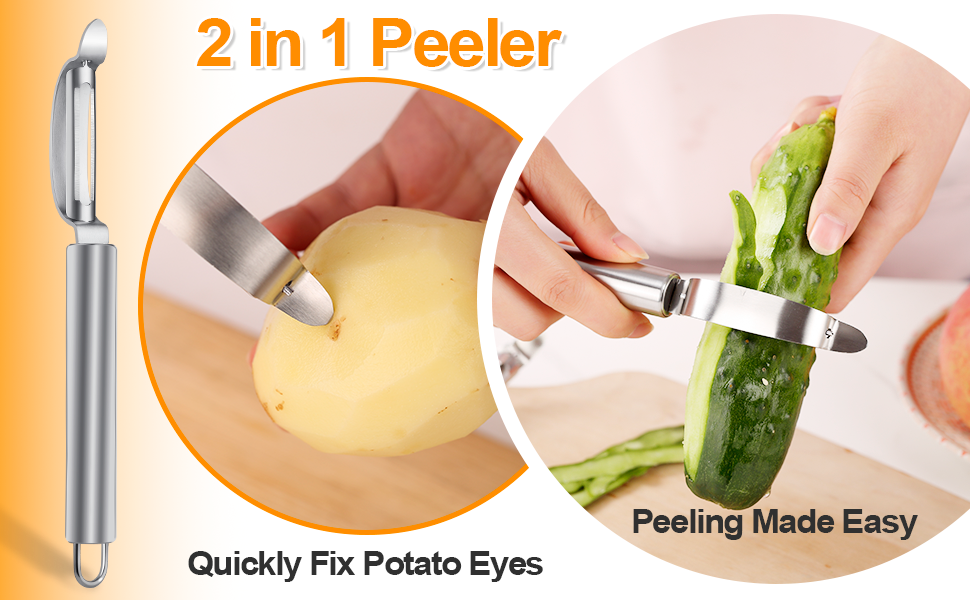 Stainless Steel Peeler with Swiveling Double Blade, Upgrade Fruit Vegetable Peeler with Ergonomic Handle, Lengthened Potato Peeler Tool for Kitchen, 8.3 Inchs