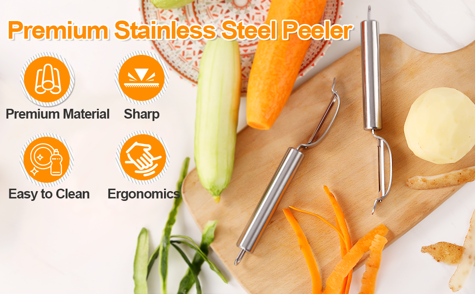 Stainless Steel Peeler with Swiveling Double Blade, Upgrade Fruit Vegetable Peeler with Ergonomic Handle, Lengthened Potato Peeler Tool for Kitchen, 8.3 Inchs