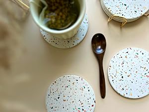 Terrazzo Drink Absorbent Coasters with Holder Set of 6, Ceramic Coaster for Drinks, Coffee Table Decor, Water Absorbing Stone Coaster for Drinks (Marble)