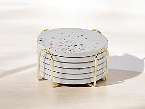 Terrazzo Drink Absorbent Coasters with Holder Set of 6, Ceramic Coaster for Drinks, Coffee Table Decor, Water Absorbing Stone Coaster for Drinks (Marble)