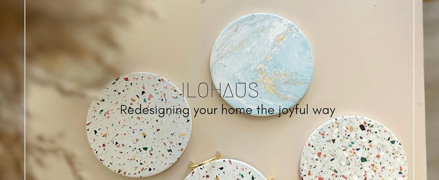 Terrazzo Drink Absorbent Coasters with Holder Set of 6, Ceramic Coaster for Drinks, Coffee Table Decor, Water Absorbing Stone Coaster for Drinks (Marble)